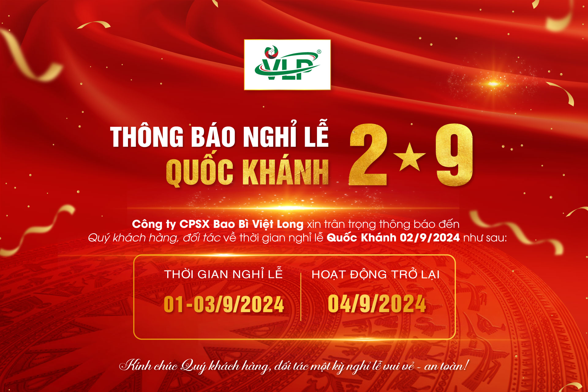 THÔNG BÁO LỊCH NGHỈ LỄ QUỐC KHÁNH 02/9/2024